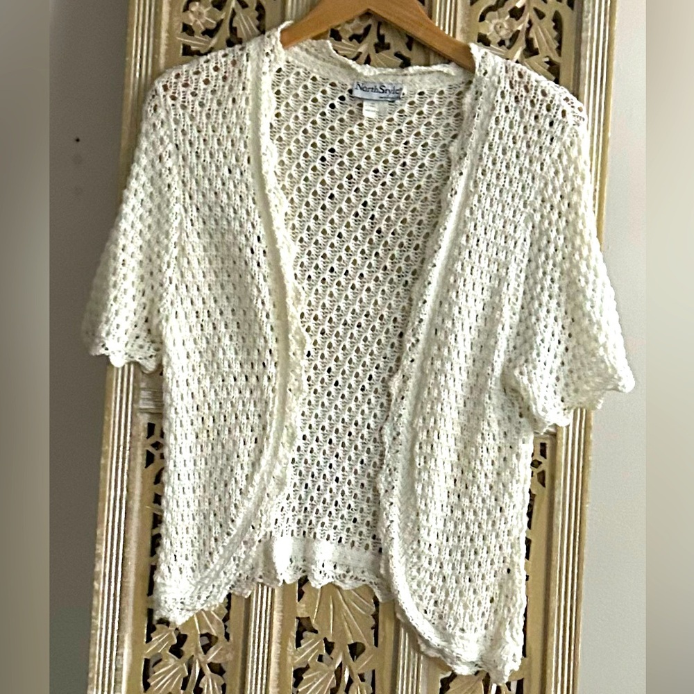 Vintage Cotton Crochet ¾ Sleeve Open Knit Cardigan Crème cozy boho retro summer